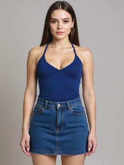 Outzidr - Blue Plunge Cropped Halter Top