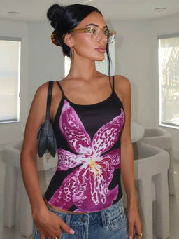 Outzidr - Black Printed Spaghetti Strap Top