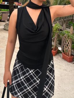 Outzidr - Black Cowl Neck Tie Up Sleeveless Top