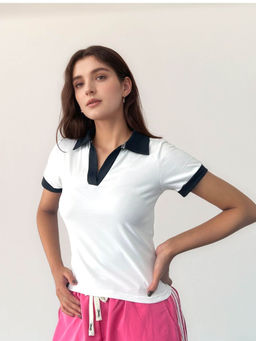 Outzidr - White Contrast Binding Knit Top