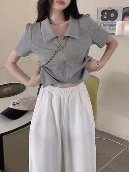 Outzidr - Grey Zip Up Collared Top