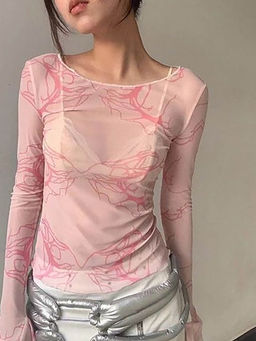 Outzidr - Pink Raw Hem Mesh Top