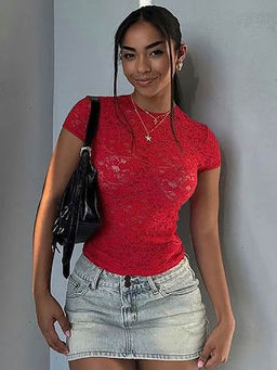 Outzidr - Red See Through Lace Top