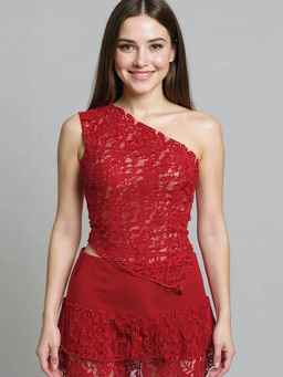 Outzidr - Red Lace One Shoulder Top