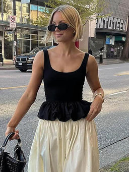 Outzidr - Black Scoop Neck Bubble Hem Top