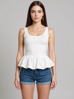 Outzidr - White Scoop Neck Bubble Hem Top