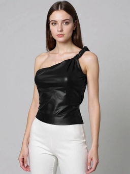 Outzidr - Black Twisted Strap Pu Top