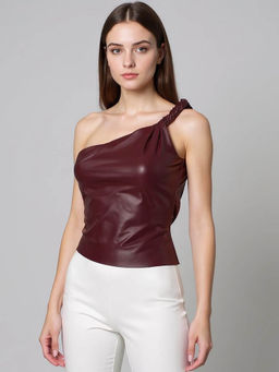 Outzidr - Burgundy Twisted Strap Pu Top