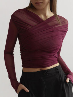 Outzidr - Wine Cross-Wrap Ruched Long-Sleeve Top