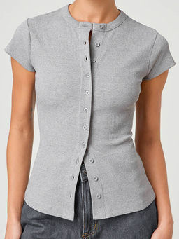 Outzidr - Grey Ribbed Shirt Style Top