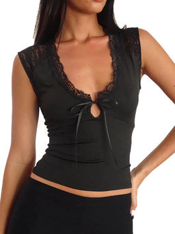 Outzidr - Black Satin Tie-Front Lace Sleeveless