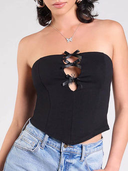 Outzidr - Black Lace-Up Corset-Style Top