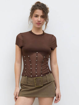 Outzidr - Brown Corset Top With Buttons