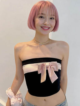 Outzidr - Black Strapless Tube Top with Contrast Ribbon