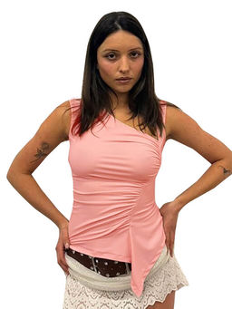 Outzidr - Pink Asymmetrical Neck Cut Top