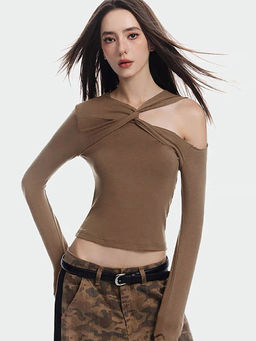 Outzidr - Brown Long Sleeve Twisted Top
