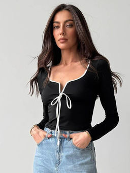 Outzidr - Black Long Sleeve Front Bow Top