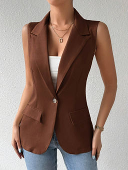 Outzidr - Brown Big Collared Front Button Blazer Top