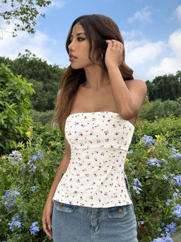 Outzidr - White Strapless Side Slit Top