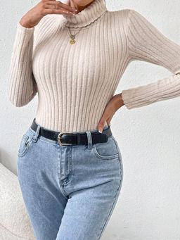 Outzidr - Beige Turtle Neck Bodysuit Top