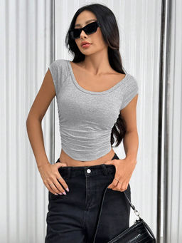 Outzidr - Grey Round Neck Short Sleeve Top