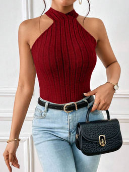 Outzidr - Burgundy High Neck Top With Back Tie Up Bow