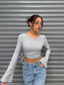 Outzidr - Grey Wide Spaced Rib With Ruching At The Sides Top
