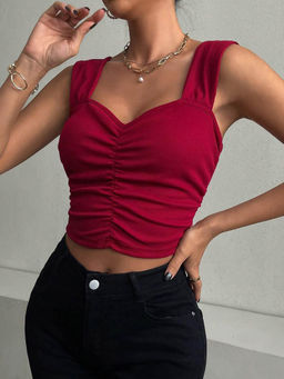 Outzidr - Red Sweetheart Neckline Ruched Top