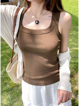 Outzidr - Brown Scoop Neck Ribbed Tank Top