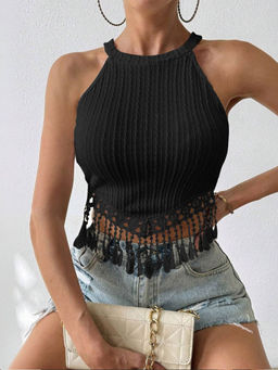 Outzidr - Black Sleeveless Trim Detail Crop Top