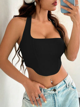 Outzidr - Black Halter Neck Tank Top With An Apple Hem