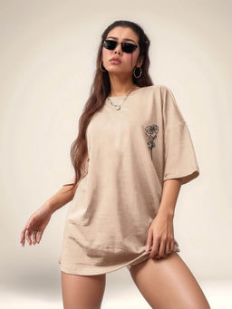 Outzidr - Khaki Oversized Small Graphic Print T-Shirt