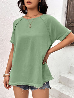 Outzidr - Green Crew Neck Fringe Hem T-Shirt