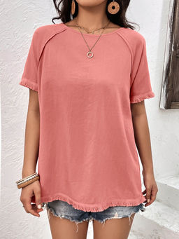 Outzidr - Pink Crew Neck Fringe Hem T-Shirt