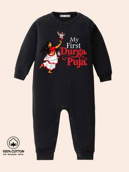 BLUSHES - Knit Full Sleeves My First Durga Puja Text Printed Romper - Black