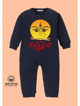 BLUSHES - Knit Full Sleeves My First Navratri Text Printed Romper - Navy Blue
