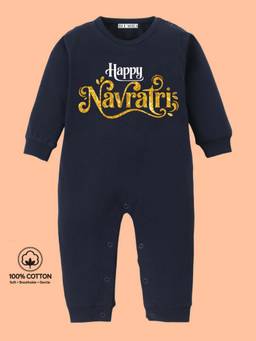 BLUSHES - Knit Full Sleeves Happy Navratri Text Printed Romper - Navy Blue
