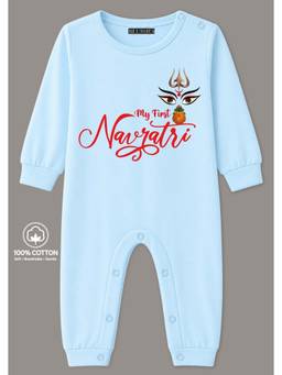BLUSHES - Knit Full Sleeves My First Navratri Text Printed Romper - Powder Blue