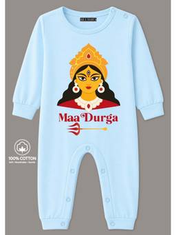 BLUSHES - Knit Full Sleeves Maa Durga Text Printed Romper - Powder Blue