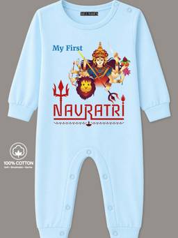 BLUSHES - Knit Full Sleeves My First Navratri Text Printed Romper - Powder Blue
