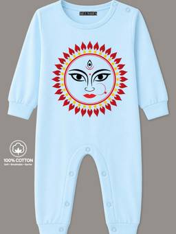 BLUSHES - Knit Full Sleeves Durga Face Text Printed Romper - Powder Blue