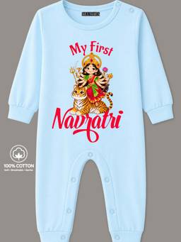 BLUSHES - Knit Full Sleeves My First Navratri Text Printed Romper - Powder Blue
