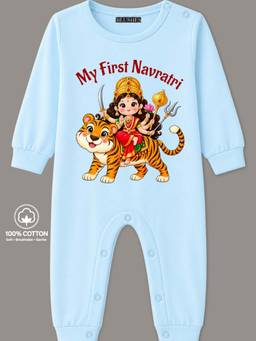 BLUSHES - Knit Full Sleeves My First Navratri Text Printed Romper - Powder Blue