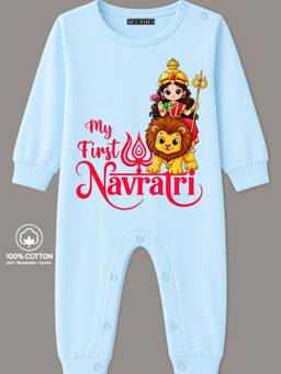 BLUSHES - Knit Full Sleeves My First Navratri Text Printed Romper - Powder Blue
