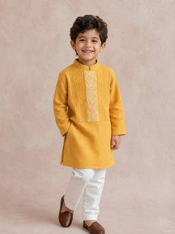LABEL NEETI - Yellow Embroidered Pin Tuck Detailed Kurta With Pyjama