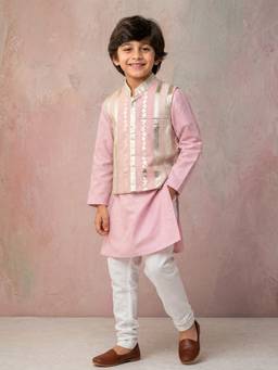LABEL NEETI - Pink Kurta With Zari Detailed Multi Tone Jacket And Pyjama