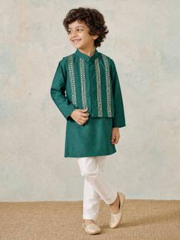 LABEL NEETI - Bottle Green Embroidered Nehru Jacket And Kurta Set