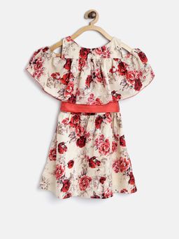 StyleStone - Girls Red Floral Cold Shoulder Dress