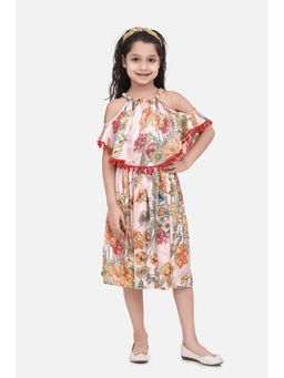 StyleStone - Girls Peach Satin Floral Cold Shoulder Dress