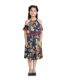 StyleStone - Girls Navy Satin Floral Cold Shoulder Dress